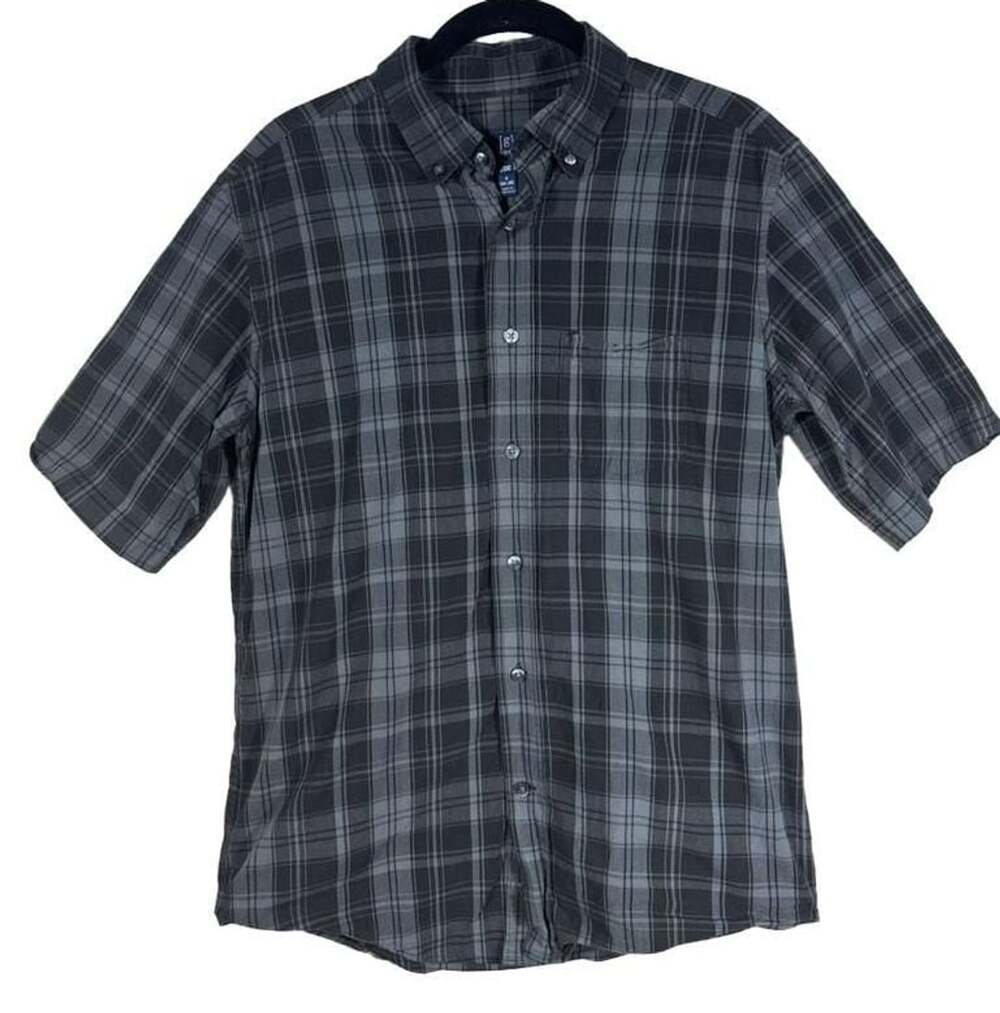 George Plaid Short Sleeve Button Up Shirt Size S Black Gray Classic Fit